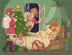  4girls bed black_hair brown_hair christmas christmas_tree closed_eyes commentary_request dress gift hat hoshizora_rin koizumi_hanayo komesodo lamp love_live! love_live!_school_idol_project multiple_girls nishikino_maki orange_hair photoshop_(medium) red_hair rocking_horse sack santa_costume santa_hat sleeping star_(sky) star_(symbol) stuffed_animal stuffed_toy teddy_bear window yazawa_nico 