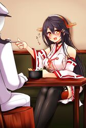  :d admiral_(kancolle) anmitsu_(dessert) bad_id bad_link bad_nicoseiga_id black_footwear black_hair black_thighhighs blush booth_seating boots choker commentary_request detached_sleeves feeding female hair_ornament hairband hairclip haruna_(kancolle) hat highres kantai_collection long_hair military military_uniform naval_uniform nontraditional_miko open_mouth orange_eyes peaked_cap pleated_skirt sitting skirt smile table thigh_boots thighhighs translated tsukui_kachou uniform 