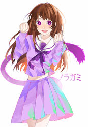  :d brown_hair commentary_request female grin highres iki_hiyori long_hair midriff_peek mori_(star842569) noragami open_mouth purple_eyes purple_serafuku school_uniform serafuku smile tail 