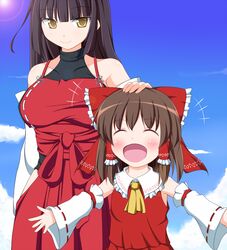  2girls ^_^ aged_down ascot bare_shoulders black_hair blunt_bangs blush breasts brown_hair closed_eyes cloud commentary_request day detached_sleeves hakama hakama_skirt hakurei_reimu halterneck happy headpat highres japanese_clothes large_breasts leotard m.u.g.e.n multiple_girls nikku_(ra) nontraditional_miko open_mouth original red_hakama revision sendai_hakurei_no_miko sidelocks skirt sky smile touhou yellow_eyes 