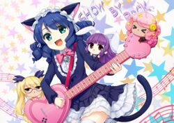  &gt;_&lt; 4girls :d ahoge animal_ears beamed_eighth_notes bell black_hair blonde_hair blunt_bangs cat_ears cat_girl cat_tail chibi chibi_inset chuchu_(show_by_rock!!) closed_eyes commentary_request curly_hair cyan_(show_by_rock!!) dog_tail eighth_note glasses gothic_lolita green_eyes guitar hair_ornament highres horns instrument lolita_fashion long_hair moa_(show_by_rock!!) multiple_girls musical_note oerba_yun_fang open_mouth pink_hair purple_eyes purple_hair quarter_note rabbit_ears retoree_(show_by_rock!!) sheep_ears sheep_horns show_by_rock!! smile sorano_(12gou) staff_(music) star_(symbol) star_hair_ornament strawberry_heart_(show_by_rock!!) tail thighhighs treble_clef twintails very_long_hair 