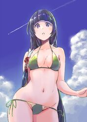  bad_id bad_twitter_id bangs bikini black_hair blue_sky blunt_bangs breasts cloud cloudy_sky condensation_trail cowboy_shot day from_below green_bikini kantai_collection long_hair looking_at_viewer looking_down mizuho_(kantai_collection) navel outdoors parted_lips purple_eyes side-tie_bikini sky small_breasts solo swimsuit uyama_hajime very_long_hair 