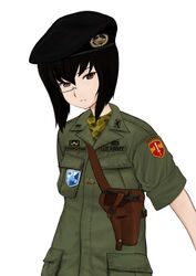  beret black_hair commentary_request female girls_und_panzer gun handgun hat highres holster kawashima_momo komii m1911 military military_uniform monocle short_hair shoulder_holster solo uniform weapon 