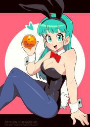  333_(dqqqdle) animal_ears aqua_eyes aqua_hair bare_shoulders black_leotard blue_pantyhose breasts bulma_briefs cleavage dragon_ball dragon_ball_(classic) dragon_ball_(object) fake_animal_ears fake_tail female holding large_breasts leotard long_hair official_alternate_costume pantyhose pink_background playboy_bunny rabbit_ears rabbit_tail simple_background sitting smile solo strapless strapless_leotard tail 