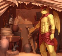  2018 abs absurd_res anthro audrarius avian bandana bird bracelet clothed clothing container equid equine falcon falconid fan_character green_eyes hasbro hi_res jar jewelry kerchief looking_at_viewer male mammal map melee_weapon muscular muscular_anthro muscular_male my_little_pony mythological_creature mythological_equine mythology pegasus scarf smile solo sword topless vase weapon wings 