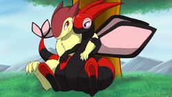  16:9 alternate_color duo fan_character female feral flygon generation_2_pokemon generation_3_pokemon grass kaida_(kataou) kuroodod male membrane_(anatomy) membranous_wings nintendo outside plant pokemon pokemon_(species) purple_eyes red_eyes sitting sky tree typhlosion widescreen wings 