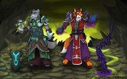  2018 anthro armor blizzard_entertainment canid canine canis clothed clothing dark detailed_background digital_media_(artwork) duo fox hair horn lupelongo magic male mammal tentacle totem warcraft wolf 