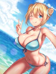  beach bikini blend_s blonde_hair blue_bikini blue_eyes blue_sky breasts cleavage cloud commentary_request cowboy_shot day double_bun dutch_angle female front-tie_top hair_between_eyes hair_bun hinata_kaho horizon large_breasts leaning_forward looking_at_viewer lun7732 ocean one_eye_closed outdoors reaching reaching_towards_viewer selfie side-tie_bikini_bottom sky solo swimsuit v 