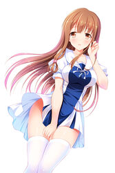  bashen_chenyue blush brown_eyes brown_hair collarbone commentary_request dress dutch_angle female floating_hair fujinomiya_neko hair_ornament highres long_hair looking_at_viewer masamune-kun_no_revenge no_panties parted_lips shiny_skin short_dress simple_background solo thighhighs very_long_hair white_background white_thighhighs 