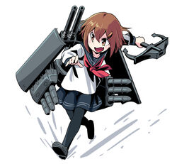  :d anchor black_pantyhose black_skirt brown_eyes brown_hair commentary_request female hair_ornament hairclip ikazuchi_(kancolle) kantai_collection long_sleeves machinery neckerchief open_mouth pantyhose pleated_skirt red_neckerchief running sailor_collar school_uniform serafuku short_hair simple_background skirt smile solo tonmoh v-shaped_eyebrows white_background 