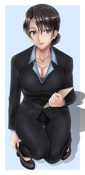  absurdres adjusting_clothes adjusting_shoe bad_id bad_pixiv_id black_bra black_footwear black_hair bra bra_peek breasts brown_eyes brown_hair cleavage earrings female formal glasses green_kaminari hair_between_eyes hair_bun highres jewelry kikuchihara_aki large_breasts lips lipstick makeup office_lady pant_suit pants re:creators shoes single_hair_bun smile solo squatting suit tablet_pc thigh_gap underwear 