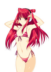  ameto armpits arms_up bangs bare_shoulders beatmania beatmania_iidx bikini blunt_bangs blush collarbone female fingernails front-tie_top headphones highres hips kinoshita_ichi long_hair looking_at_viewer navel red_eyes red_hair shiny shiny_skin side-tie_bikini simple_background small_breasts solo standing striped striped_bikini striped_swimsuit swimsuit thigh_gap thighs two_side_up umegiri_ameto white_background 