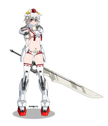  :3 absurdres animal_ears blush breasts character_name commentary_request female full_body grey_hair groin gundam gundam_seed hat highres huge_weapon inubashiri_momiji looking_at_viewer mecha_musume medium_breasts midriff nanaya777 navel photoshop_(medium) pom_pom_(clothes) red_eyes short_hair signature simple_background solo strike_gundam sword tail tokin_hat touhou underboob weapon white_background wolf_ears wolf_tail 