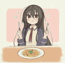  :t amou_kirukiru bad_id bad_pixiv_id black_hair blush_stickers busou_shoujo_machiavellism eating female fork hair_between_eyes knife long_hair necktie plate school_uniform yuuki_sudachi 