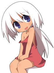  :d bare_arms bare_shoulders blue_eyes blush breasts commentary_request dark-skinned_female dark_skin dress female hair_between_eyes head_tilt long_hair looking_at_viewer low_ponytail open_mouth original osaragi_mitama pink_dress ponytail sitting sleeveless sleeveless_dress small_breasts smile solo strap_slip torn_clothes torn_dress very_long_hair white_hair 