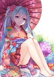  absurdres arm_at_side arm_support barefoot beads blue_eyes blue_hair chinese_commentary chuor_(chuochuoi) collarbone commentary_request female floral_print flower hair_beads hair_flower hair_ornament hatsune_miku highres holding holding_umbrella hydrangea japanese_clothes kimono knees_up legs_together long_hair long_sleeves looking_at_viewer obi oil-paper_umbrella panties pantyshot photoshop_(medium) reflection sash sitting solo sparkle twintails umbrella underwear very_long_hair vocaloid wide_sleeves 