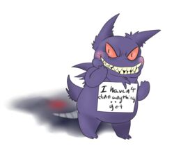  2014 ambiguous_gender anthro blush conversational_sign dogshaming english_text fur generation_1_pokemon gengar hanging_sign humor looking_at_viewer meme neon-psycho nintendo placard pokemon pokemon_(species) pupils purple_body purple_fur red_eyes shadow sign simple_background slit_pupils smile solo teeth text wearing_sign white_background 