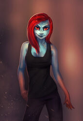  5_fingers akitary amphibian anthro biped blue_body blue_skin bottomwear clothed clothing female fingers frog front_view hair looking_at_viewer membrane_(anatomy) mintaka pants red_body red_eyes red_hair red_skin shirt simple_background smile solo standing tank_top topwear webbed_hands 