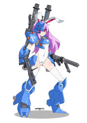  absurdres animal_ears armor artist_name blue_armor blush character_name closed_mouth commentary_request covered_navel dual_wielding eyebrows faulds female full_body gauntlets greaves groin gun gundam highleg highleg_leotard highres holding holding_gun holding_weapon kampfer_(mobile_suit) leotard light_purple_hair light_smile long_hair looking_at_viewer mecha_musume nanaya777 pauldrons purple_hair rabbit_ears red_eyes reisen_udongein_inaba shadow shoulder_armor shoulder_cannon simple_background skin_tight solo standing touhou vambraces very_long_hair weapon white_background white_legwear 