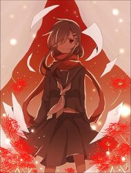  bad_id bad_pixiv_id black_hair black_sailor_collar black_serafuku black_shirt black_skirt closed_mouth curtains enpera feet_out_of_frame female flower fringe_trim gradient_background hair_over_one_eye kagerou_project legs_apart long_hair long_sleeves looking_at_viewer midriff_peek neckerchief one_eye_covered paper papers red_background red_eyes red_flower red_scarf red_spider_lily red_theme ryukadomatsu sailor_collar scarf school_uniform serafuku shirt skirt smile solo spider_lily tateyama_ayano white_neckerchief 