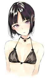  bikini bikini_top_only black_bikini black_hair breasts choker commentary_request female highres looking_at_viewer original parted_lips purple_eyes short_hair shunsei_(muratou) simple_background slit_pupils small_breasts solo swimsuit white_background 