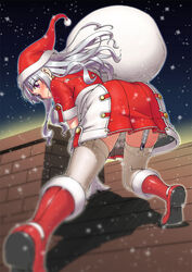  blush boots chimney commentary_request elbow_gloves female garter_straps gloves grey_hair hat idolmaster idolmaster_(classic) kawamura_kazuma long_hair photoshop_(medium) purple_eyes revision sack santa_costume santa_hat shijou_takane solo thighhighs white_gloves white_thighhighs 