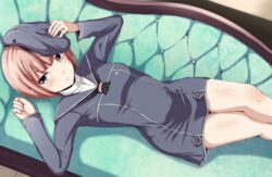  arms_up bare_legs black_hat black_shirt blunt_bangs body_blush bondo_(borndragon) brown_hair closed_mouth commentary_request couch cowboy_shot dress expressionless female from_above hand_on_headwear hat highres kantai_collection long_sleeves looking_at_viewer looking_up lying no_pants on_back on_couch sailor_dress shiny_skin shirt short_dress short_hair solo thumbnail_surprise z3_max_schultz_(kancolle) 