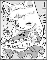  anthro domestic_cat felid feline felis female hair japanese_text kemono long_hair mammal monochrome one_eye_closed solo text translation_request woory 