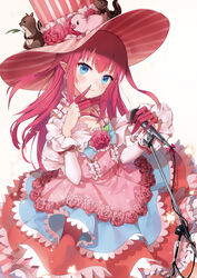  bad_id bad_pixiv_id blue_eyes closed_mouth commentary detached_sleeves dress dress_flower elizabeth_bathory_(fate) elizabeth_bathory_(fate/extra_ccc) elizabeth_bathory_(third_ascension)_(fate) emyo fate/extra fate/extra_ccc fate_(series) female flower hair_between_eyes hands_up hat hat_flower holding holding_microphone long_hair long_sleeves microphone microphone_stand photoshop_(medium) pink_dress pink_flower pink_hair pink_hat pink_rose pointy_ears rose sleeveless sleeveless_dress smile solo striped_clothes striped_dress striped_headwear stuffed_animal stuffed_pig stuffed_squirrel stuffed_toy top_hat vertical-striped_clothes vertical-striped_dress vertical-striped_headwear very_long_hair 