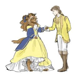  ascot beauty_and_the_beast boots breasts claws clothing dc9spot female footwear formal formal_dress hair horn human male male/female mammal ponytail ribbons rule_63 small_breasts 