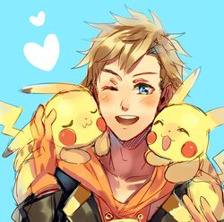  1boy blonde_hair blue_eyes commentary_request happy heart highres kash-phia male_focus one_eye_closed open_mouth pikachu pokemon pokemon_(creature) pokemon_go smile spark_(pokemon) 