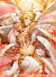  armpits arms_up blonde_hair blush breasts commentary_request detached_sleeves female fireball long_hair looking_at_viewer medium_breasts midriff original photoshop_(medium) red_eyes smile solo ss39 thighhighs wings 