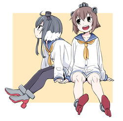  2girls :d black_hair black_pantyhose brown_eyes brown_hair commentary_request hat headgear kantai_collection long_sleeves looking_away mini_hat multicolored_hair multiple_girls neckerchief open_mouth pantyhose pleated_skirt red_footwear sailor_collar sailor_hat seamed_legwear shoes short_hair short_hair_with_long_locks side-seamed_legwear sidelocks sitting skirt smile tied_dress tokitsukaze_(kancolle) tonmoh two-tone_hair yellow_neckerchief yukikaze_(kancolle) 