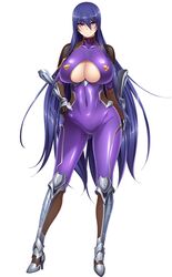  akiyama_rinko aoi_nagisa_(metalder) armor blue_hair blush bodysuit breasts cleavage cleavage_cutout covered_navel female fishnets full_body hand_on_hip huge_breasts long_hair looking_at_viewer ninja peliazulyp purple_bodysuit purple_eyes smile solo standing taimanin_(series) taimanin_yukikaze thighhighs transparent_background underboob very_long_hair 