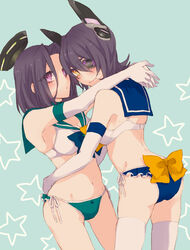  2girls alternate_costume back_bow bishoujo_senshi_sailor_moon blue_sailor_collar blush bow bra commentary_request cosplay elbow_gloves eyepatch gloves halo headgear hug inoue_mikuni kantai_collection looking_at_viewer mechanical_halo midriff multiple_girls outer_senshi panties purple_eyes purple_hair ribbon sailor_collar sailor_moon_narikiri_bra_set sailor_neptune sailor_neptune_(cosplay) sailor_senshi_uniform sailor_uranus sailor_uranus_(cosplay) short_hair side-tie_panties star_(symbol) sweatdrop tatsuta_(kancolle) tenryuu_(kancolle) thighhighs underwear underwear_only white_gloves yellow_bow yellow_eyes 