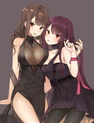  2girls ahoge alternate_costume arm_support armlet bad_id bad_pixiv_id black_dress black_pantyhose blunt_bangs blush breasts brown_hair canape_(canape0130) casual choker cleavage collarbone commentary covered_navel dress dsr-50_(girls&#039;_frontline) dsr-50_(highest_bid)_(girls&#039;_frontline) earrings evening_gown gem girls&#039;_frontline hair_ornament hand_in_another&#039;s_hair head_tilt highres jewelry large_breasts leaning leaning_back long_hair looking_at_viewer multiple_girls necklace no_bra official_alternate_costume open_mouth pantyhose pendant purple_hair red_eyes red_gemstone red_ribbon ribbon ring see-through see-through_cleavage sideboob sidelocks simple_background skindentation smile strapless strapless_dress thighs very_long_hair wa2000_(ballroom_interlude)_(girls&#039;_frontline) wa2000_(girls&#039;_frontline) wedding_ring wrist_ribbon 