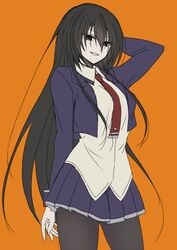  :d amou_kirukiru arm_behind_head bad_id bad_pixiv_id black_hair black_pantyhose busou_shoujo_machiavellism female flat_color grin highres long_hair looking_at_viewer necktie open_mouth orange_background pantyhose pleated_skirt simple_background skirt smile solo very_long_hair yuuki_sudachi 