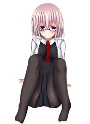  absurdres black_dress black_pantyhose cardigan commentary_request dress fate/grand_order fate_(series) female glasses highres mash_kyrielight necktie open_cardigan open_clothes pantyhose pink_hair purple_eyes red_necktie short_hair simple_background sitting smile solo white_background winter_(winterinkoakuma) zipper 