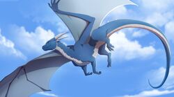  2019 blue_body blue_skin claws day detailed_background digital_media_(artwork) dragon european_mythology feral flying lunalei membrane_(anatomy) membranous_wings mythological_creature mythological_scalie mythology outside scalie sky solo spines tail western_dragon wings 