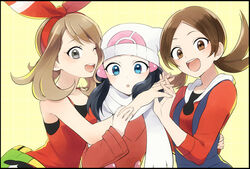  3girls ;d all_fours black_hair bow_hairband brown_eyes brown_hair coat collarbone commentary_request dawn_(pokemon) floating_hair grey_eyes hair_ribbon hairband hand_on_another&#039;s_hip hat holding_hands interlocked_fingers long_hair long_sleeves lyra_(pokemon) may_(pokemon) multiple_girls one_eye_closed open_mouth parted_bangs poke_ball_print pokemon pokemon_dppt pokemon_hgss pokemon_oras pokemon_platinum print_headwear red_coat red_hairband red_ribbon red_shirt ribbon scarf shirt sleeveless sleeveless_shirt smile striped striped_ribbon twintails upper_body white_hat white_scarf winter_clothes winter_coat yellow_background yukin_(es) 