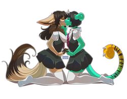  absurd_res anthro blush canid canine chameleon closed_eyes clothed clothing duo female female/female fennec_fox fox gizmo0sue hand_holding hi_res jacqueline_(jackojock) julie_(jackojock) kissing kneeling lizard maid_uniform mammal reptile scalie simple_background true_fox uniform white_background 