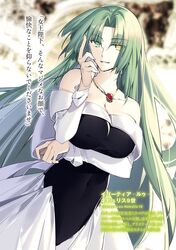  blurry blurry_background breasts character_name cleavage collarbone covered_navel detached_sleeves dress dutch_angle elletear_lou_nebulis_ix female floating_hair green_eyes green_hair heterochromia highres jewelry kimi_to_boku_no_saigo_no_senjou_arui_wa_sekai_ga_hajimaru_seisen large_breasts long_hair long_sleeves looking_at_viewer necklace nekonabe_ao non-web_source novel_illustration official_art parted_lips sleeveless sleeveless_dress solo standing striped_clothes striped_dress very_long_hair white_sleeves yellow_eyes 