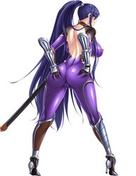  akiyama_rinko aoi_nagisa_(metalder) armor blue_hair blush bodysuit breasts cleavage cleavage_cutout covered_navel female fishnets full_body hand_on_hip huge_breasts long_hair looking_at_viewer ninja peliazulyp purple_bodysuit purple_eyes sheath smile solo standing taimanin_(series) taimanin_yukikaze thighhighs transparent_background underboob very_long_hair 