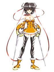  absurdres bare_shoulders black_hair black_thighhighs boots breasts brown_eyes bun_cover choker cleavage collarbone double_bun dress dual_wielding eliza_mayfield female full_body growlanser growlanser_iv hair_bun highres holding holding_sword holding_weapon large_breasts looking_at_viewer official_art orange_dress red_ribbon ribbon scarf shiny_clothes short_dress short_hair skirt smile solo strapless strapless_dress sword thighhighs transparent_background urushihara_satoshi weapon zettai_ryouiki 