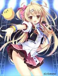  :d bad_id bad_pixiv_id bird blonde_hair blue_necktie bracelet brown_eyes female hair_ornament hair_ribbon hairclip jewelry long_hair masushita microphone momoiro_taisen_pairon necktie open_mouth original ribbon skirt smile 