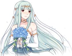  bare_shoulders blue_hair bride cape commentary dress elbow_gloves female fire_emblem fire_emblem:_the_blazing_blade fire_emblem_heroes flower gloves long_hair nana_(mizukas) ninian_(bridal)_(fire_emblem) ninian_(fire_emblem) simple_background solo strapless strapless_dress veil wedding wedding_dress white_flower white_gloves 