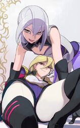  2girls all_fours bad_id bad_twitter_id blonde_hair boots foreshortening gloria_tyler gloves grace_tyler grey_hair long_hair lying multiple_girls on_back open_mouth red_eyes siblings smile thigh_boots thighhighs twins washi_no_tosaka yellow_eyes yu-gi-oh! yu-gi-oh!_arc-v 