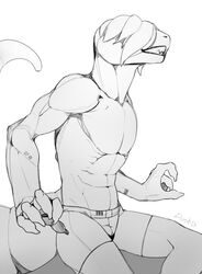  2015 amit anthro barcode boxer_briefs claws clothed clothing eublepharid gecko greyscale grin hair leopard_gecko lizard male mohawk monochrome muscular muscular_anthro muscular_male pose prosthetic reptile scalie scrawny sharp_teeth simple_background smile solo teeth topless underwear 