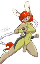  2015 anthro big_breasts big_ears bodysuit braided_hair breasts brown_body brown_fur clothed clothing female fur hair hi_res lagomorph leporid long_ears long_hair mammal mastergodai multicolored_hair ninja ponytail purple_eyes rabbit raised_leg red_hair single_braid skinsuit solo tan_body tan_fur thick_thighs tight_clothing tsubame_asakura two_tone_hair warrior white_hair 