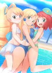  3girls asymmetrical_docking beach big_hair bikini blonde_hair blue_legwear blush breast_press breasts cloud commentary_request crossover day drill_hair earrings frilled_bikini frills girl_sandwich green_eyes hair_ornament hand_on_another&#039;s_leg hat holding_hands hug hug_from_behind jewelry kalinka_cossack_(mega_man) large_breasts leg_up long_hair luna_platz_(mega_man) mega_man_(series) mega_man_star_force multiple_girls ocean one-piece_swimsuit open_mouth outdoors popporunga red_hair rockman_xover sandwiched short_hair sky small_breasts smile sonia_strumm_(mega_man) summer swimsuit water 